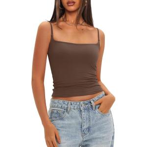 imageDarong Women Padded Tank Top Built in Bra Adjustable Spaghetti Straps Double Lined Basic Cami ShirtCoffee