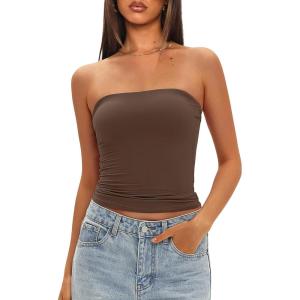 imageDarong Womens Padded Tube Tops Bulit in Bra Strapless Crop Tops Bandeau Double Lined Basic Going Out Tank TopCoffee