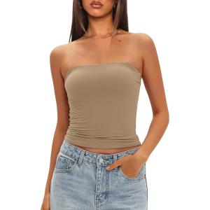imageDarong Womens Padded Tube Tops Bulit in Bra Strapless Crop Tops Bandeau Double Lined Basic Going Out Tank TopKhaki
