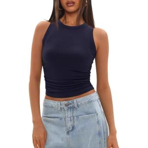 imageDarong Womens Tank Tops Sleeveless Racerback High Neck Casual Basic Ribbed Fitted Tank ShirtsDark Blue