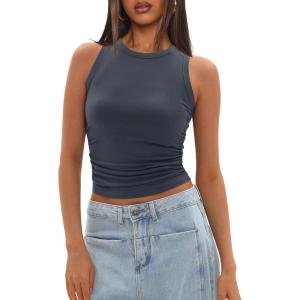 imageDarong Womens Tank Tops Sleeveless Racerback High Neck Casual Basic Ribbed Fitted Tank ShirtsGrey