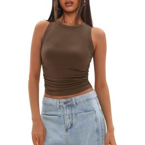 imageDarong Womens Tank Tops Sleeveless Racerback High Neck Casual Basic Ribbed Fitted Tank ShirtsKhaki