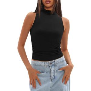 imageDarong Womens Tank Tops Summer Mock Neck Modal Sleeveless Shirts Slim Fit Ruched Going Out TopBlack