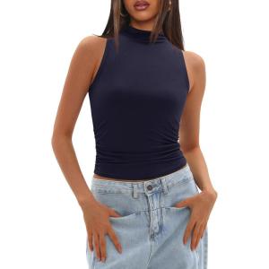 imageDarong Womens Tank Tops Summer Mock Neck Modal Sleeveless Shirts Slim Fit Ruched Going Out TopDark Blue