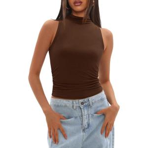 imageDarong Womens Tank Tops Summer Mock Neck Modal Sleeveless Shirts Slim Fit Ruched Going Out TopDark Coffee