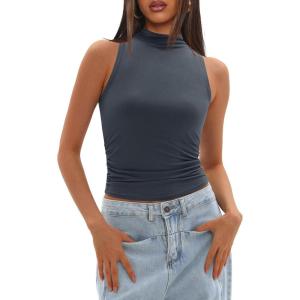 imageDarong Womens Tank Tops Summer Mock Neck Modal Sleeveless Shirts Slim Fit Ruched Going Out TopGrey