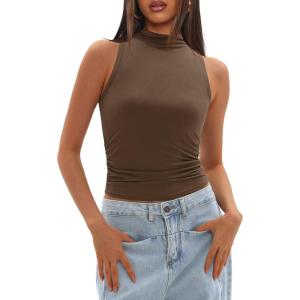 imageDarong Womens Tank Tops Summer Mock Neck Modal Sleeveless Shirts Slim Fit Ruched Going Out TopKhaki