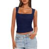 imageDarong Womens Padded Square Neck Double Lined Tank Tops Built in Bra Ruched Summer Basic Sleeveless Padded Tank ShirtsNavy Blue