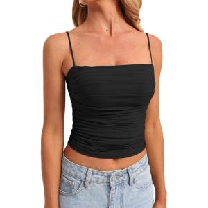 imageDarong Women Padded Double Lined Ruched Tank Tops Bulit in Bra Summer Spaghetti Strap Going Out Crop Tank ShirtsBlack