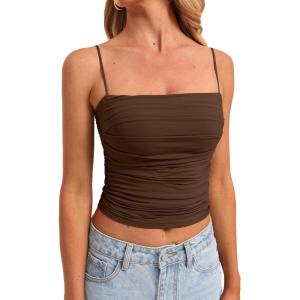 imageDarong Women Padded Double Lined Ruched Tank Tops Bulit in Bra Summer Spaghetti Strap Going Out Crop Tank ShirtsCoffee