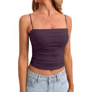 imageDarong Women Padded Double Lined Ruched Tank Tops Bulit in Bra Summer Spaghetti Strap Going Out Crop Tank ShirtsDark Purple