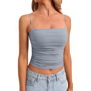 imageDarong Women Padded Double Lined Ruched Tank Tops Bulit in Bra Summer Spaghetti Strap Going Out Crop Tank ShirtsLight Blue