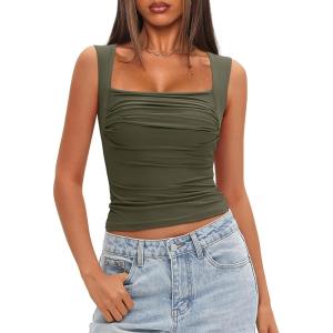 imageDarong Womens Padded Square Neck Double Lined Tank Tops Built in Bra Ruched Summer Basic Sleeveless Padded Tank ShirtsArmy Green