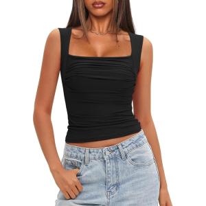 imageDarong Womens Padded Square Neck Double Lined Tank Tops Built in Bra Ruched Summer Basic Sleeveless Padded Tank ShirtsBlack