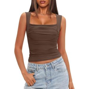 imageDarong Womens Padded Square Neck Double Lined Tank Tops Built in Bra Ruched Summer Basic Sleeveless Padded Tank ShirtsCoffee