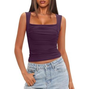 imageDarong Womens Padded Square Neck Double Lined Tank Tops Built in Bra Ruched Summer Basic Sleeveless Padded Tank ShirtsDark Purple