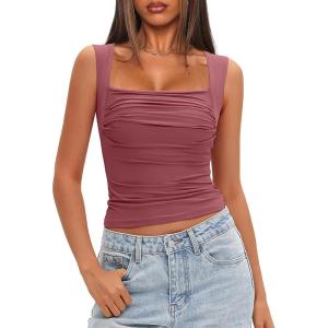 imageDarong Womens Padded Square Neck Double Lined Tank Tops Built in Bra Ruched Summer Basic Sleeveless Padded Tank ShirtsMerlot