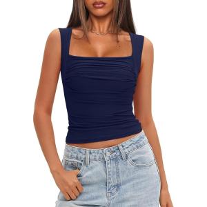imageDarong Womens Padded Square Neck Double Lined Tank Tops Built in Bra Ruched Summer Basic Sleeveless Padded Tank ShirtsNavy Blue