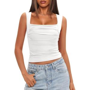 imageDarong Womens Padded Square Neck Double Lined Tank Tops Built in Bra Ruched Summer Basic Sleeveless Padded Tank ShirtsWhite