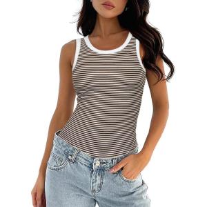 imageDarong Womens Summer Sleeveless Tank Top Striped Form Fitting Crew Neck Ribbed Knit Basic Cami ShirtsDark Brown Stripe
