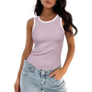imageDarong Womens Summer Sleeveless Tank Top Striped Form Fitting Crew Neck Ribbed Knit Basic Cami ShirtsLight Pink Stripe