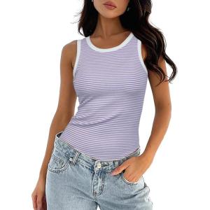 imageDarong Womens Summer Sleeveless Tank Top Striped Form Fitting Crew Neck Ribbed Knit Basic Cami ShirtsLight Purple Stripe