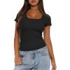 imageDarong Women Summer Short Sleeve Scoop Neck TShirts Ribbed Knit Striped Color Block Basic Shirt Casual Slim Fit Tee TopsAll Black