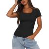imageDarong Women Summer Short Sleeve Scoop Neck TShirts Ribbed Knit Striped Color Block Basic Shirt Casual Slim Fit Tee TopsAll Black