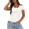 imageDarong Women Summer Short Sleeve Scoop Neck TShirts Ribbed Knit Striped Color Block Basic Shirt Casual Slim Fit Tee TopsAll White