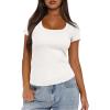 imageDarong Women Summer Short Sleeve Scoop Neck TShirts Ribbed Knit Striped Color Block Basic Shirt Casual Slim Fit Tee TopsAll White