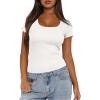 imageDarong Women Summer Short Sleeve Scoop Neck TShirts Ribbed Knit Striped Color Block Basic Shirt Casual Slim Fit Tee TopsAll White