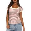 imageDarong Women Summer Short Sleeve Scoop Neck TShirts Ribbed Knit Striped Color Block Basic Shirt Casual Slim Fit Tee TopsBeige Rust Stripe