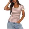 imageDarong Women Summer Short Sleeve Scoop Neck TShirts Ribbed Knit Striped Color Block Basic Shirt Casual Slim Fit Tee TopsBeige Rust Stripe