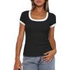 imageDarong Women Summer Short Sleeve Scoop Neck TShirts Ribbed Knit Striped Color Block Basic Shirt Casual Slim Fit Tee TopsBlack