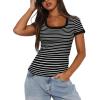 imageDarong Women Summer Short Sleeve Scoop Neck TShirts Ribbed Knit Striped Color Block Basic Shirt Casual Slim Fit Tee TopsBlack White Stripe
