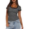 imageDarong Women Summer Short Sleeve Scoop Neck TShirts Ribbed Knit Striped Color Block Basic Shirt Casual Slim Fit Tee TopsBlack White Stripe