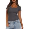 imageDarong Women Summer Short Sleeve Scoop Neck TShirts Ribbed Knit Striped Color Block Basic Shirt Casual Slim Fit Tee TopsDark Grey