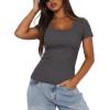 imageDarong Women Summer Short Sleeve Scoop Neck TShirts Ribbed Knit Striped Color Block Basic Shirt Casual Slim Fit Tee TopsDark Grey
