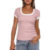 imageDarong Women Summer Short Sleeve Scoop Neck TShirts Ribbed Knit Striped Color Block Basic Shirt Casual Slim Fit Tee TopsLight Pink