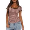 imageDarong Women Summer Short Sleeve Scoop Neck TShirts Ribbed Knit Striped Color Block Basic Shirt Casual Slim Fit Tee TopsPink Coffee Stripe