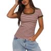 imageDarong Women Summer Short Sleeve Scoop Neck TShirts Ribbed Knit Striped Color Block Basic Shirt Casual Slim Fit Tee TopsPink Coffee Stripe