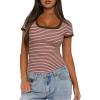 imageDarong Women Summer Short Sleeve Scoop Neck TShirts Ribbed Knit Striped Color Block Basic Shirt Casual Slim Fit Tee TopsPink Coffee Stripe