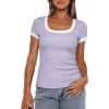 imageDarong Women Summer Short Sleeve Scoop Neck TShirts Ribbed Knit Striped Color Block Basic Shirt Casual Slim Fit Tee TopsTaro Purple