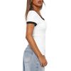 imageDarong Women Summer Short Sleeve Scoop Neck TShirts Ribbed Knit Striped Color Block Basic Shirt Casual Slim Fit Tee TopsWhite
