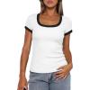 imageDarong Women Summer Short Sleeve Scoop Neck TShirts Ribbed Knit Striped Color Block Basic Shirt Casual Slim Fit Tee TopsWhite