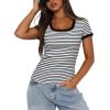 imageDarong Women Summer Short Sleeve Scoop Neck TShirts Ribbed Knit Striped Color Block Basic Shirt Casual Slim Fit Tee TopsWhtie Black Stripe