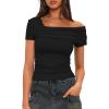 imageDarong Womens Summer Short Sleeve One Off The Shoulder Top Ruched Going Out Tops Slim Fit Y2K ShirtBlack