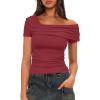 imageDarong Womens Summer Short Sleeve One Off The Shoulder Top Ruched Going Out Tops Slim Fit Y2K ShirtBrick Red