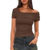 imageDarong Womens Summer Short Sleeve One Off The Shoulder Top Ruched Going Out Tops Slim Fit Y2K ShirtCoffee