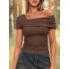 imageDarong Womens Summer Short Sleeve One Off The Shoulder Top Ruched Going Out Tops Slim Fit Y2K ShirtCoffee